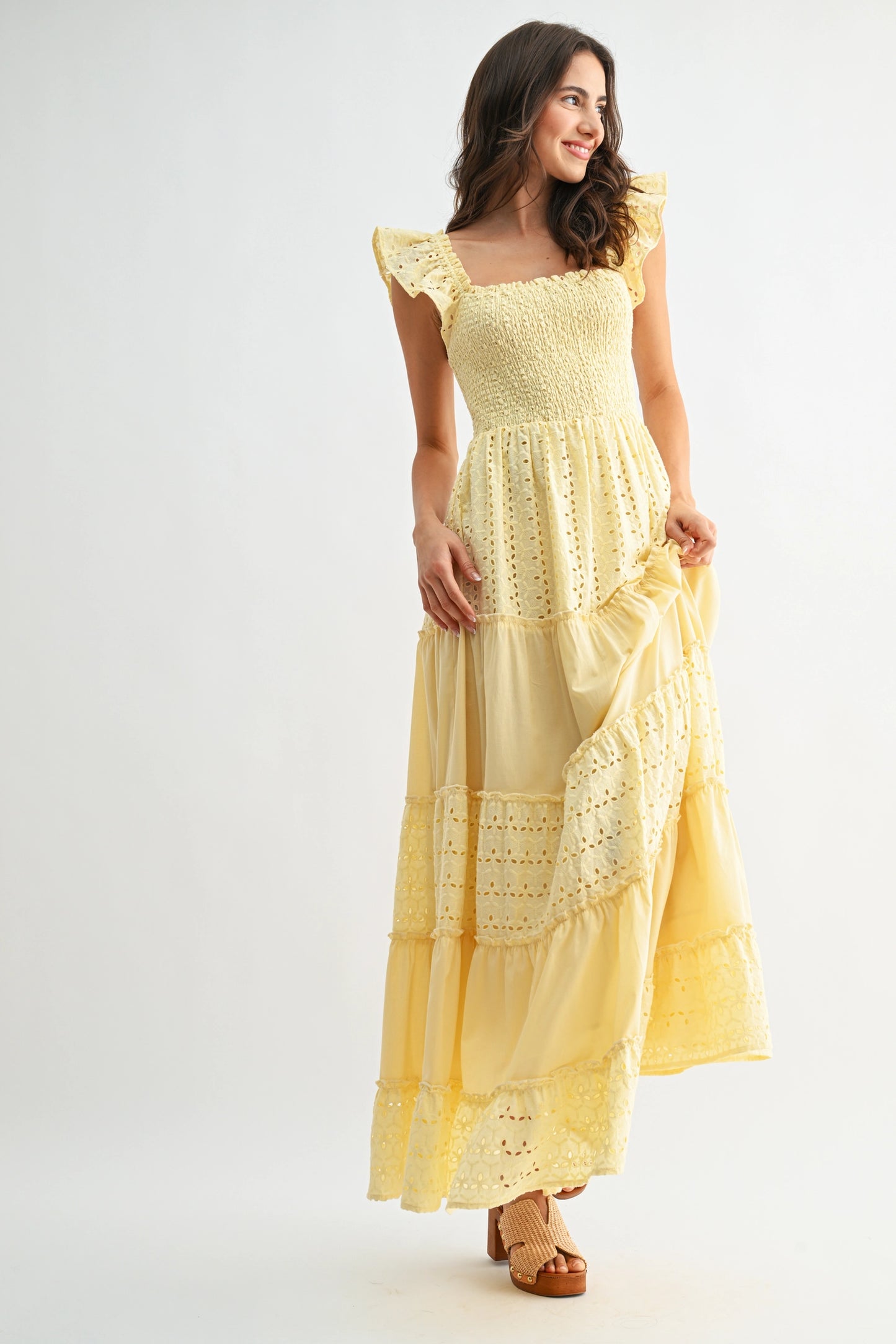 Sunshine Smocked Maxi Dress Eyelet Ruffle Sleeves