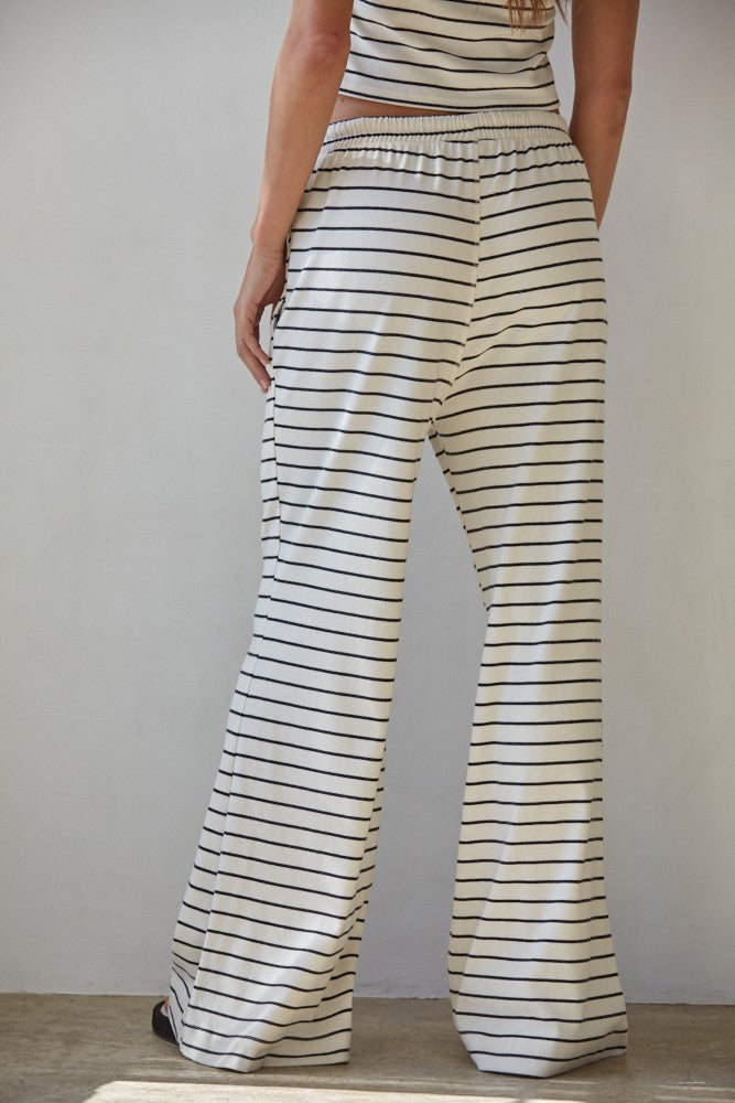 Knit Striped Waist Elastic Band Tie Flare Pants