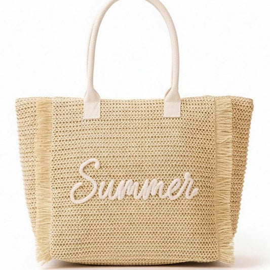 Woven Straw Fringe Tote with Summer Embroidery