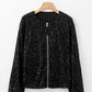 Sequin Zip Up Round Neck Long Sleeve Jacket