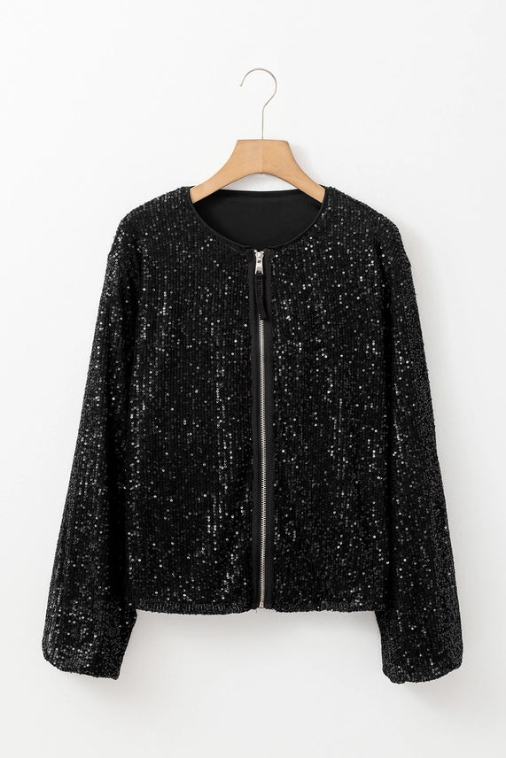 Sequin Zip Up Round Neck Long Sleeve Jacket