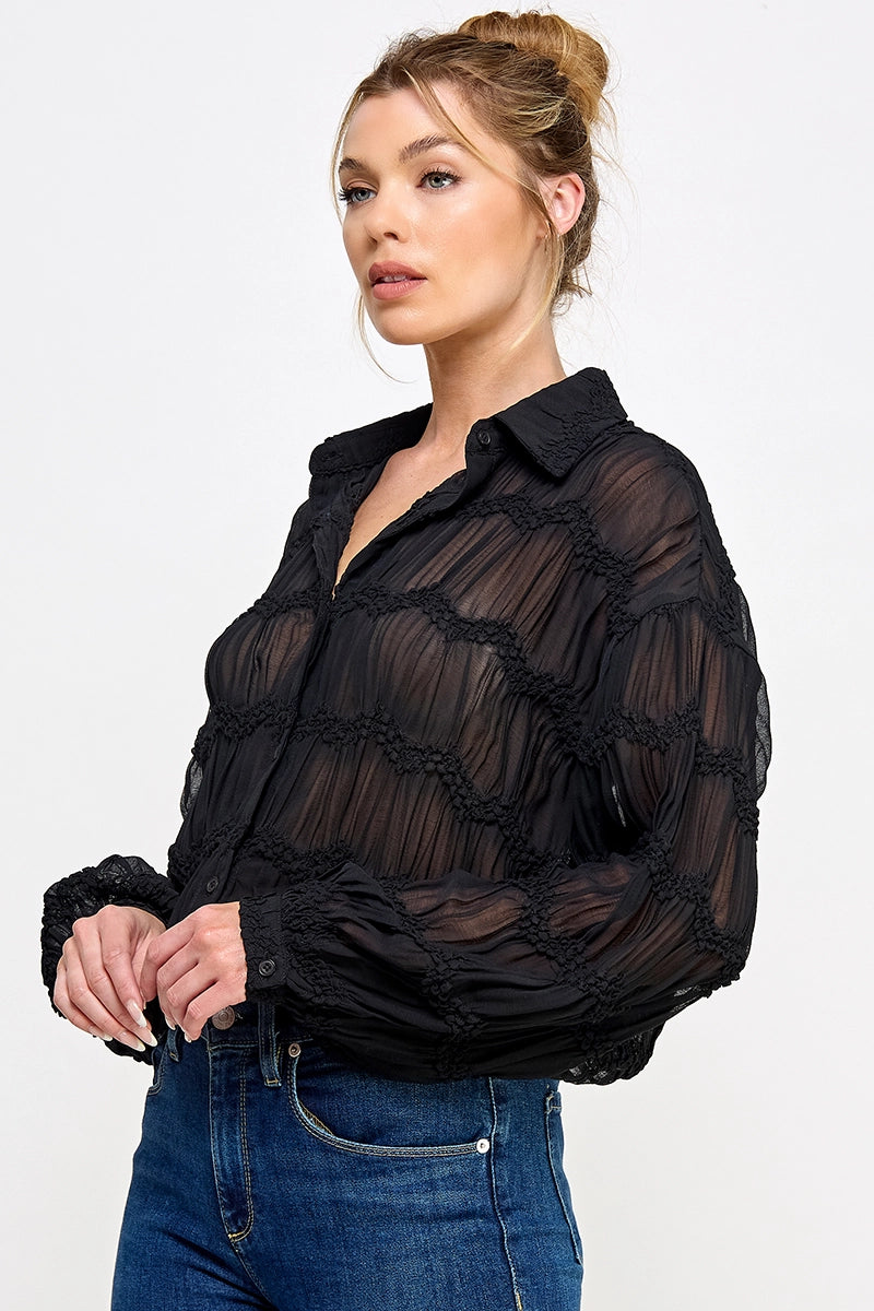 Romantic Sheer Button Front Blouse