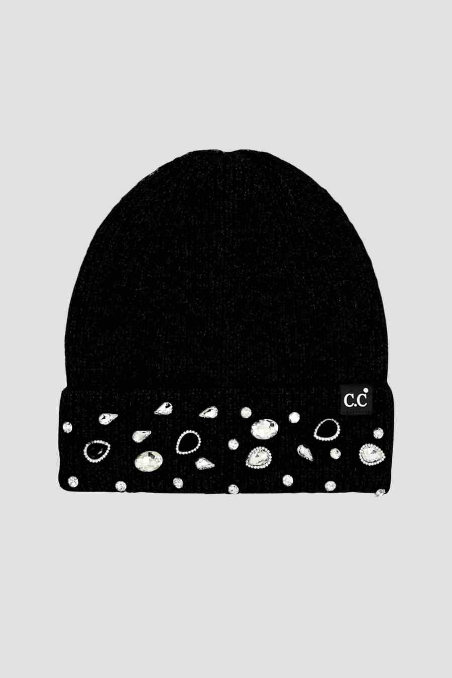 Rhinestone Charm Ribbed Cuff Beanie - Black