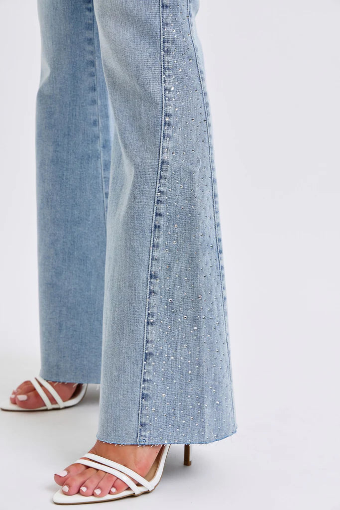 Mid Rise Rhinestone Side Detail Flare Denim Jeans