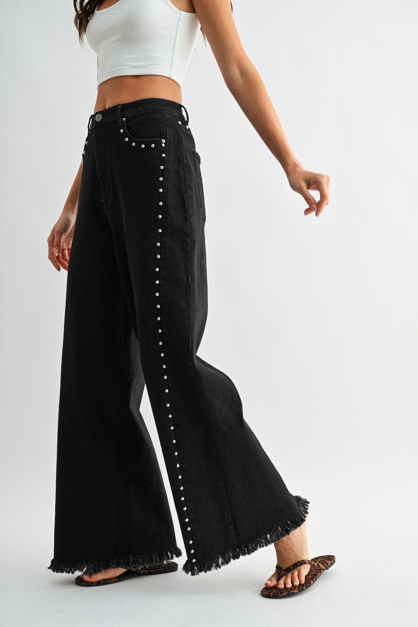High-Waisted Black Wide-Leg Denim Stud Pants