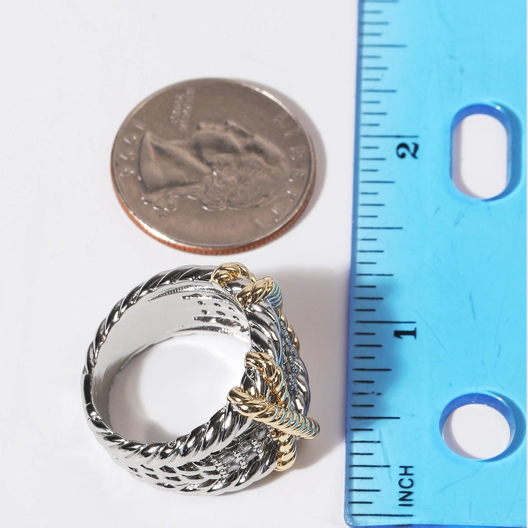 Cz Rope Texture Multi Layered Gold Plated Ring