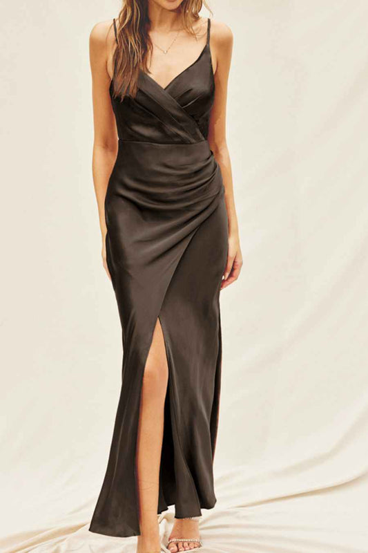 Satin Surplice Ruched Maxi Dress