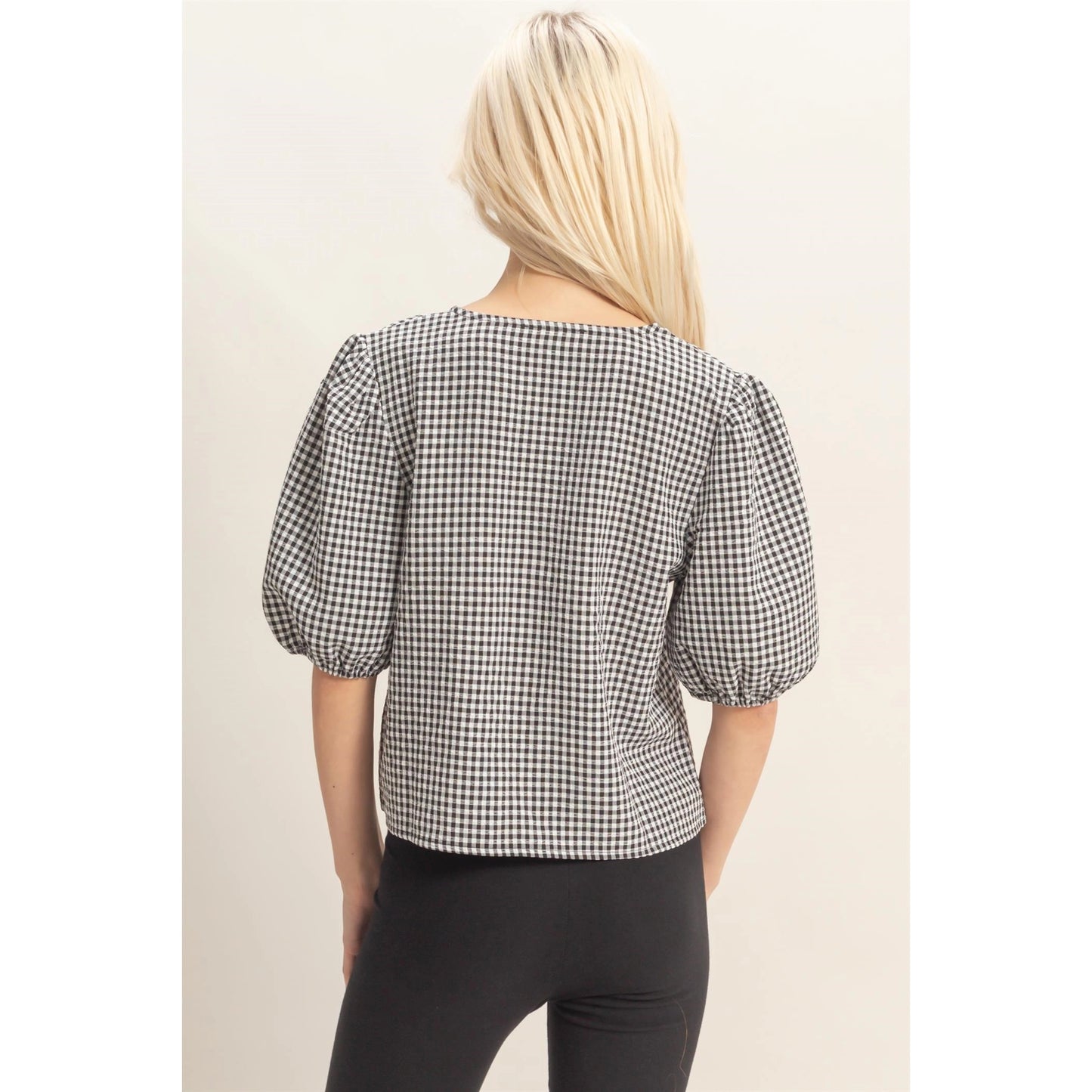 Gingham Bow Tie Puff Sleeve Blouse