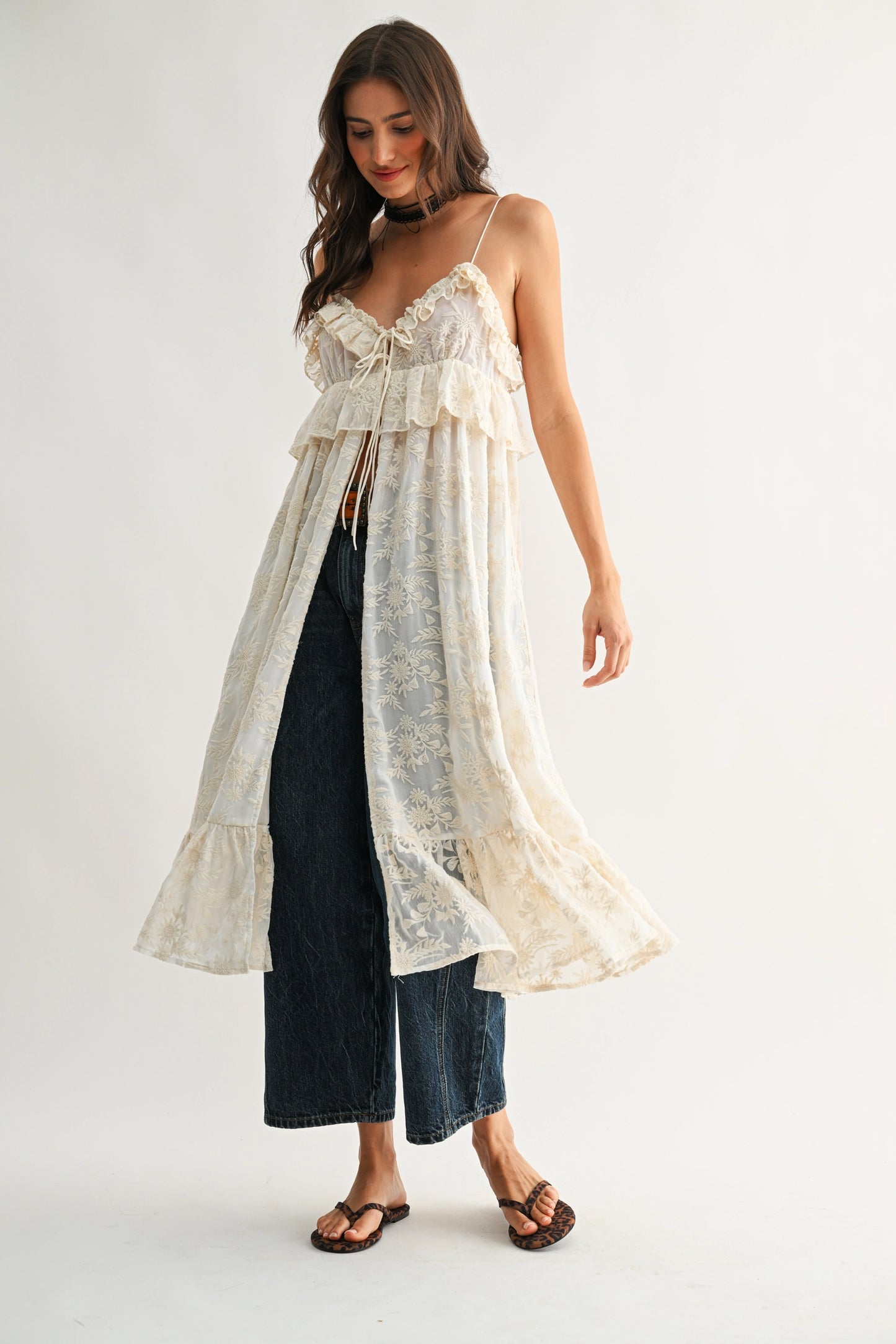 Sheer Floral Lace Ruffle Cover Up Top