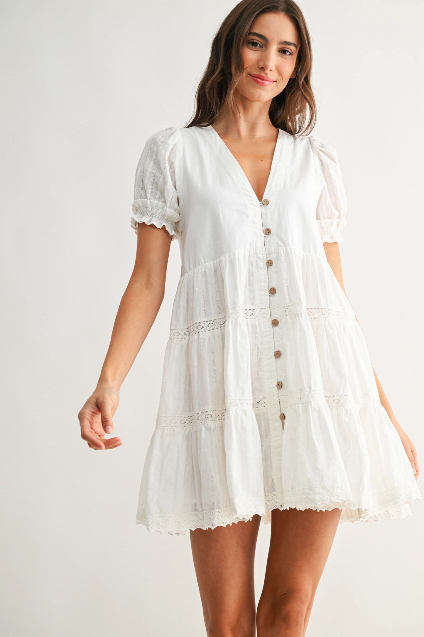 Button-Front Mini Dress with Puff Sleeves