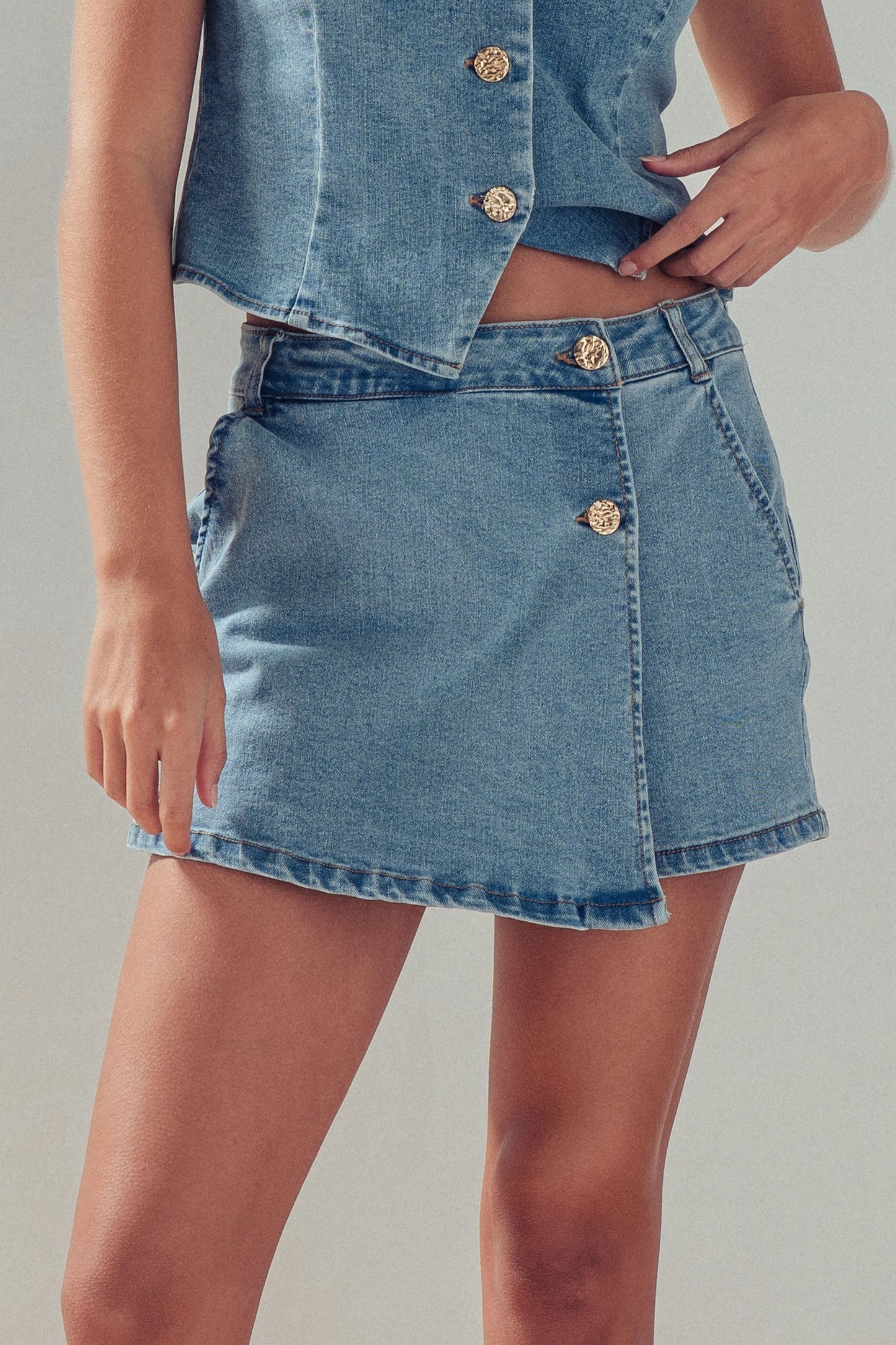 Gold Button Front Denim Skort