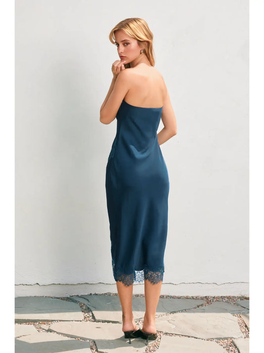 Dull Satin Strapless Lace Hem Midi Dress
