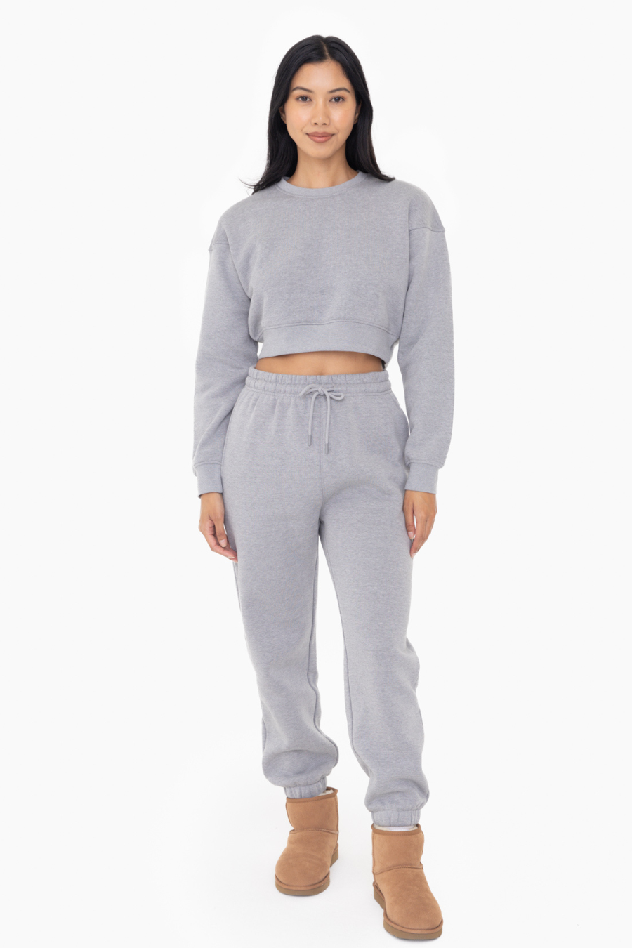 full front view of model wearing Georgina cropped fleece sweatshirt with matching pants, sold separately 