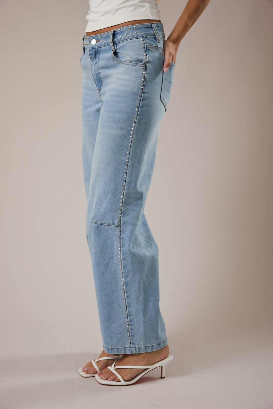 Mid-Rise Denim Pants with Stud Detail
