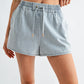 Light Wash Denim Drawstring Shorts Side Buttons