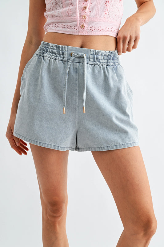 Light Wash Denim Drawstring Shorts Side Buttons
