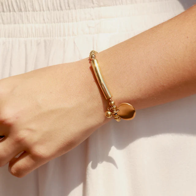 18k Gold Stainless Steel Beaded Stretch Bracelet with Engravable Charm