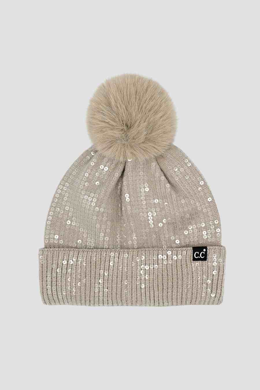 Clear Sequined Cuff Beanie with Pom Pom