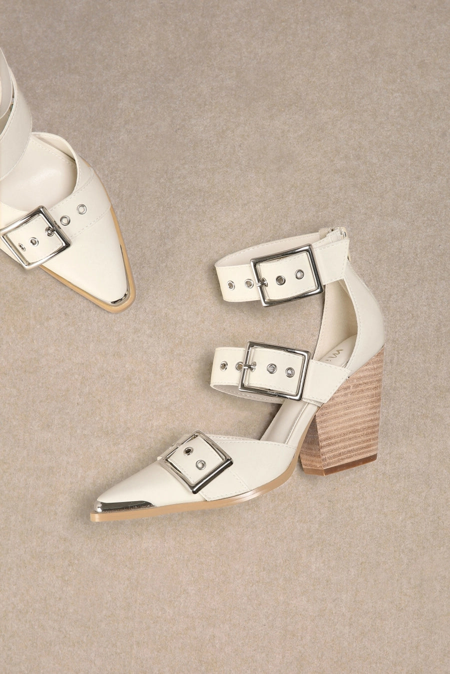 Hendrix Triple Belt Strap Pointed Toe Block Heels