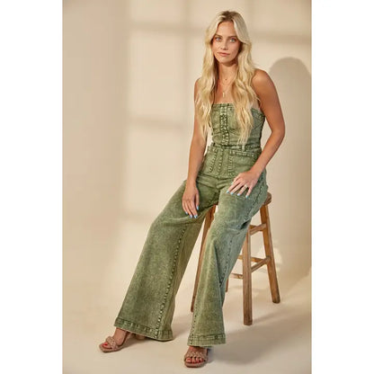 Boho Mineral Wash Wide Leg Denim Jumpsuit