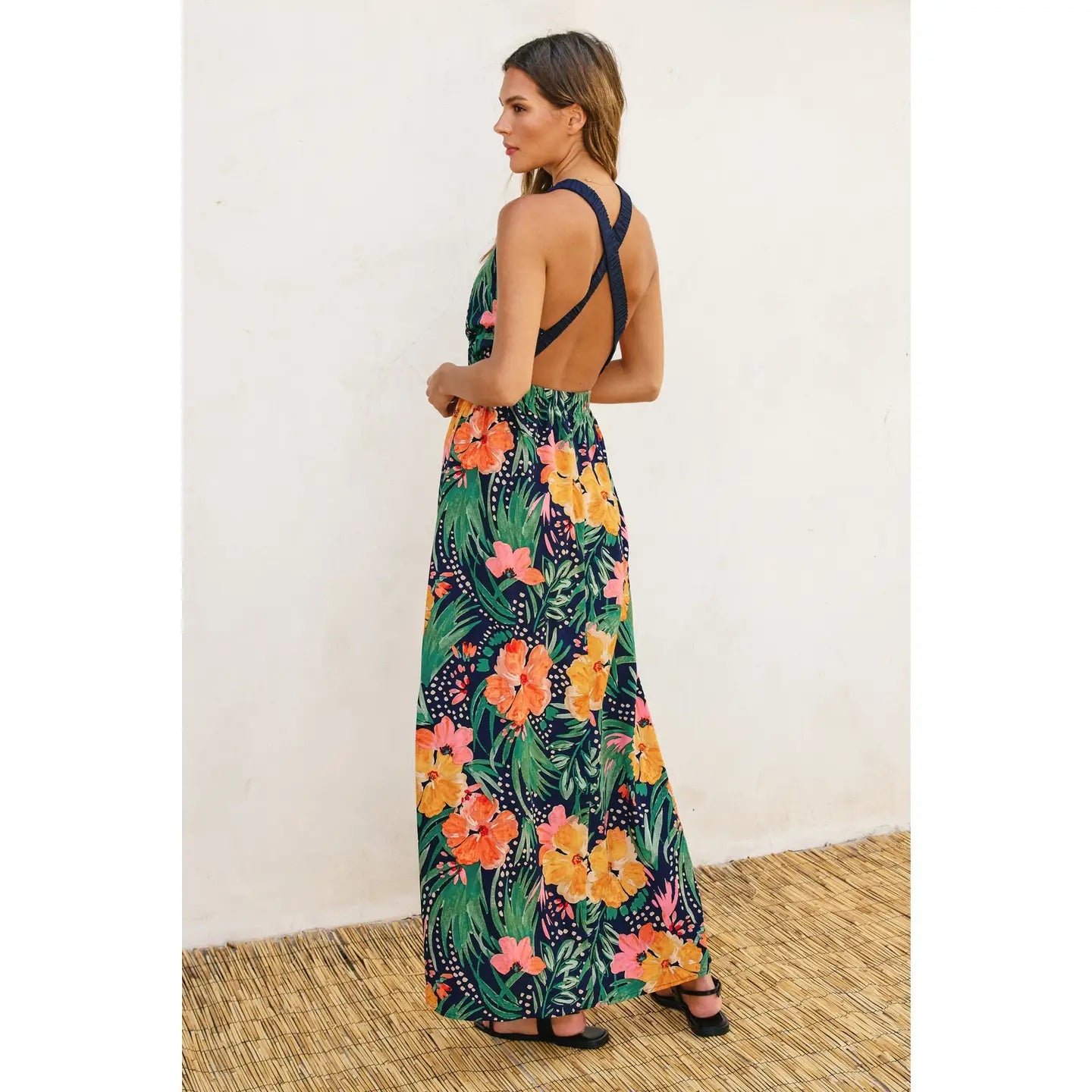 Hibiscus Crossed Back Strap Maxi Dress