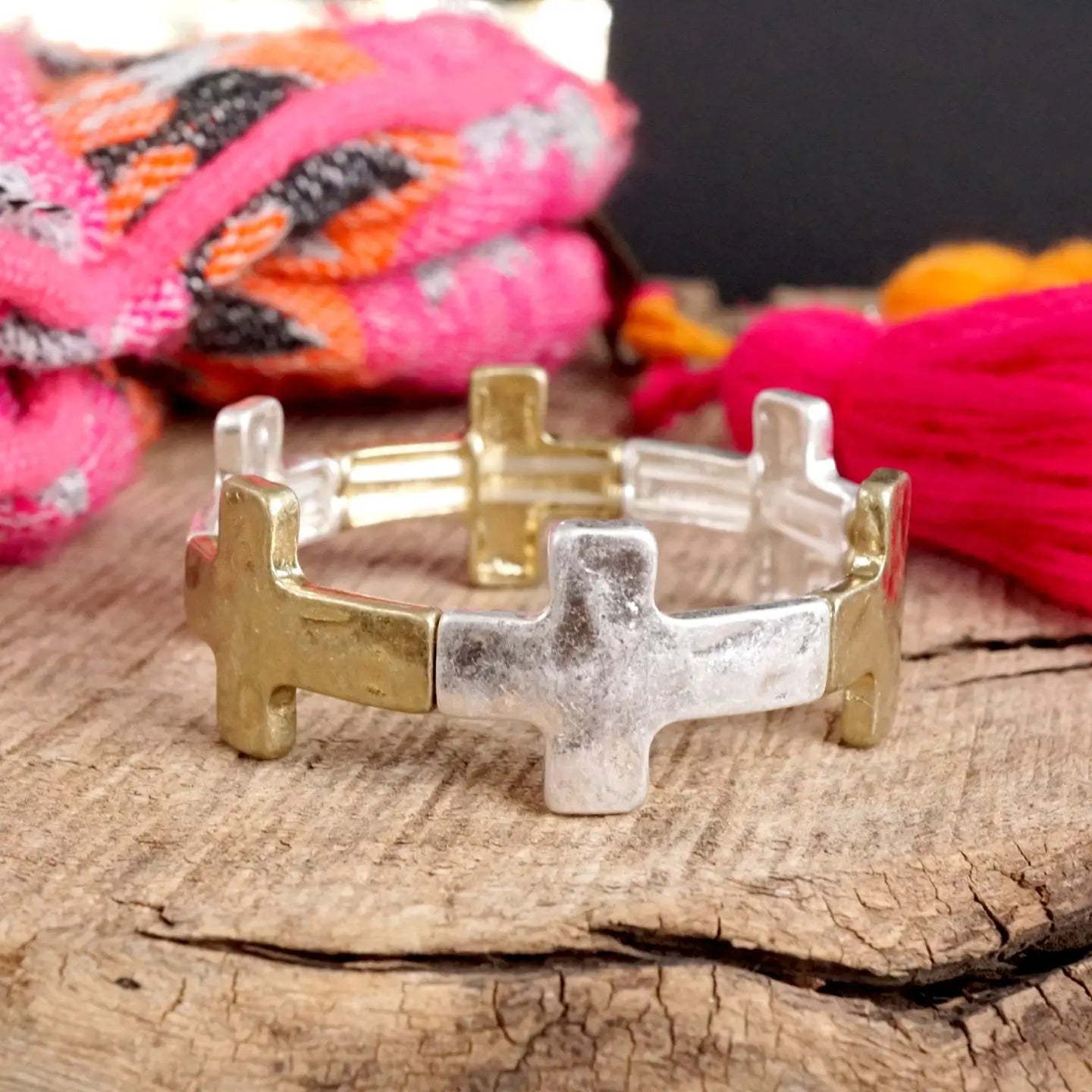 Hammered Sideways Cross Bracelet