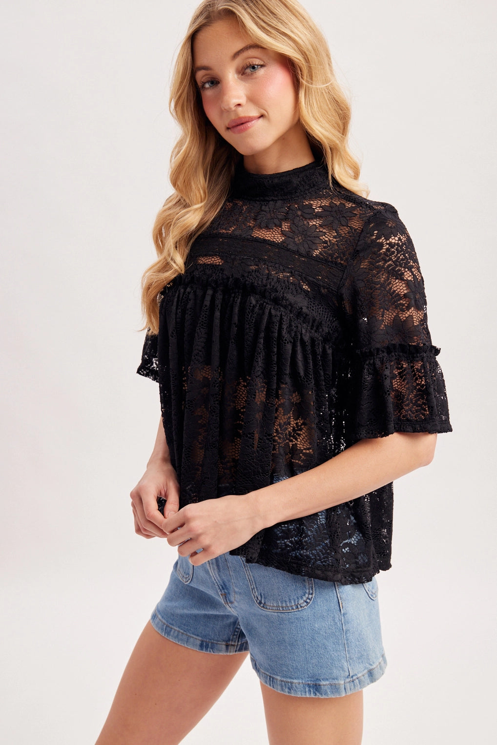 Mock Neck Baby Doll Lace Top with No Lining