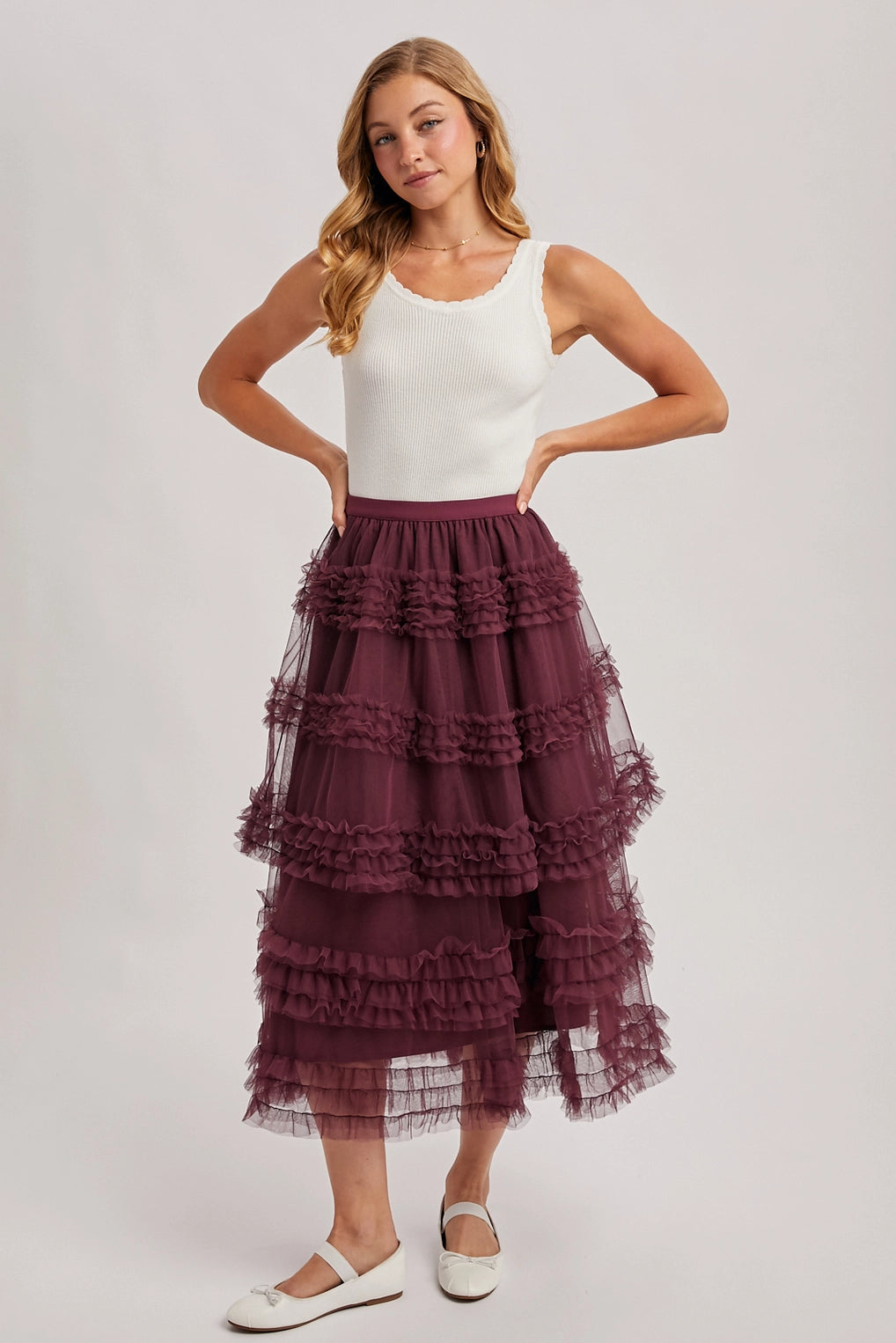 Romantic Ruffle Tiered Tulle Midi Skirt