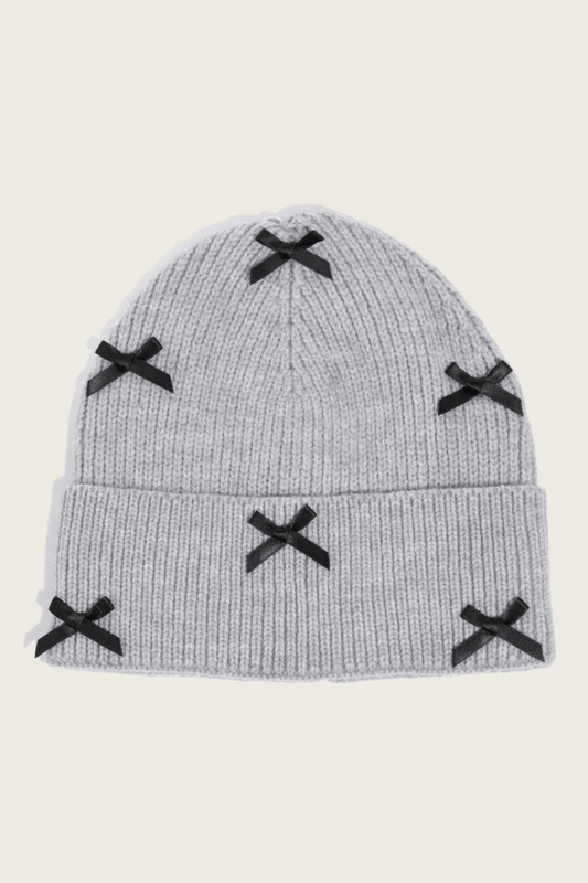 Mini Satin Ribbon Bow Beanie - Gray