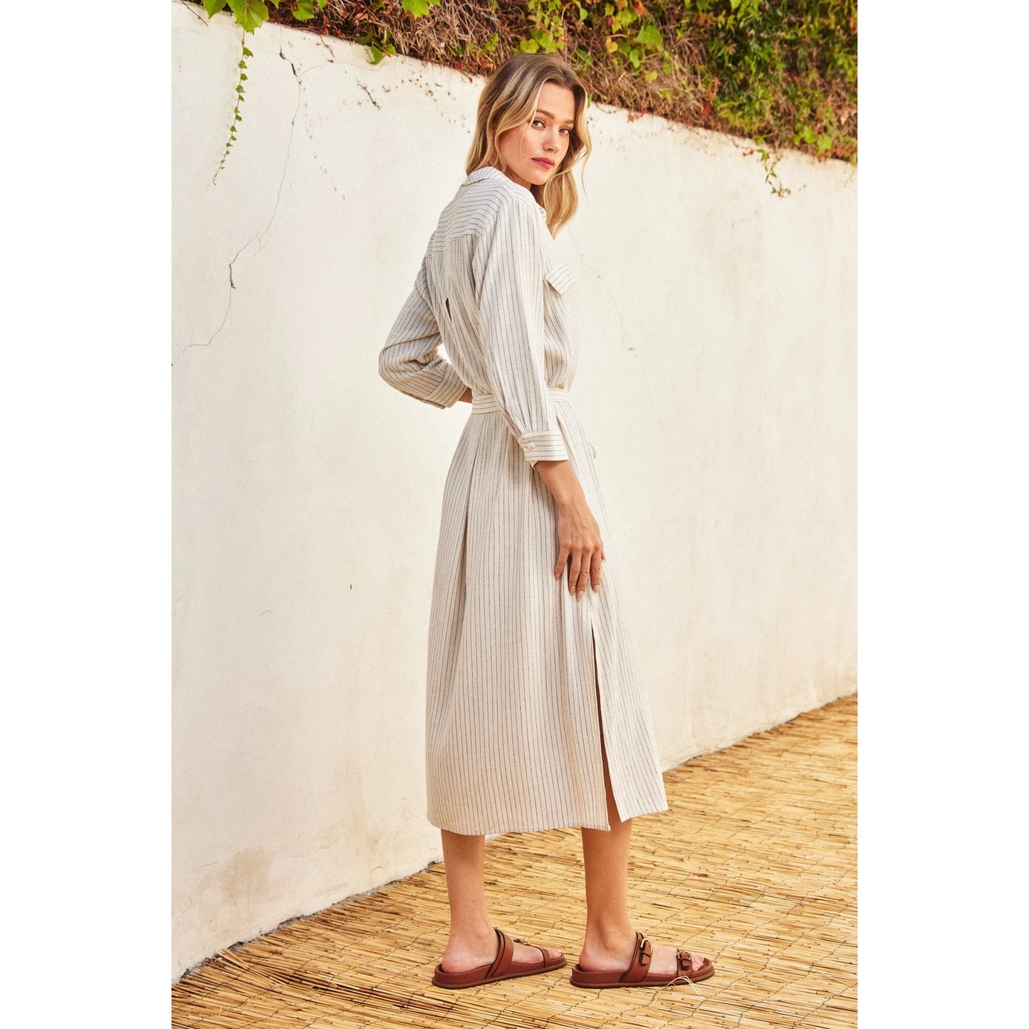 Pinstriped Belted Maxi Shirt Dress