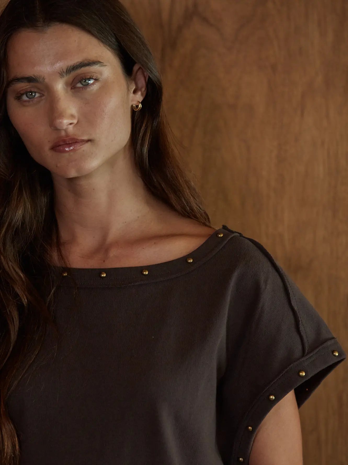 Woven Cotton Boat Neck Top with Bead Stud Detail