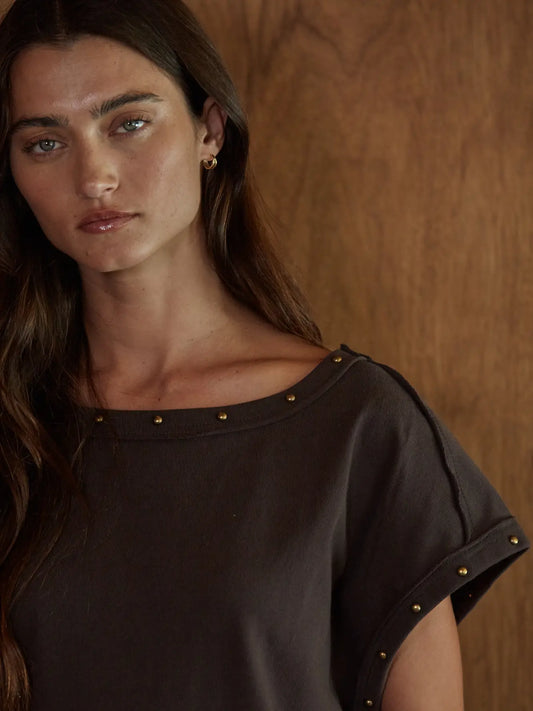 Woven Cotton Boat Neck Top with Bead Stud Detail