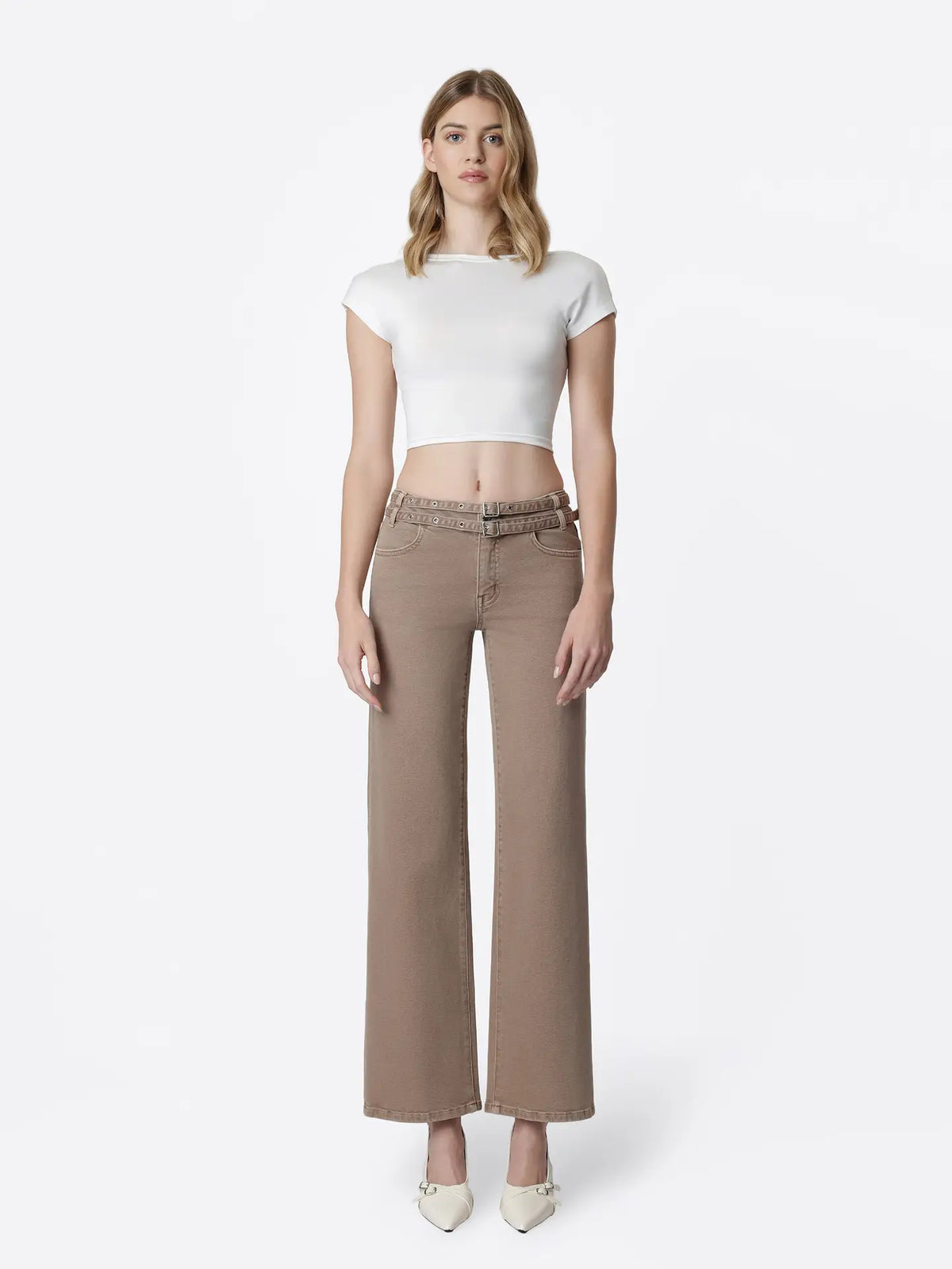 Low Rise Belted Wide Leg Jeans