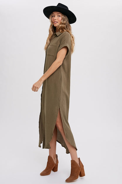 Button Up Maxi Shirt Dress with Pocket