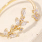 Gold Dipped Dainty Rhinestone Leaf Flower Open Ring