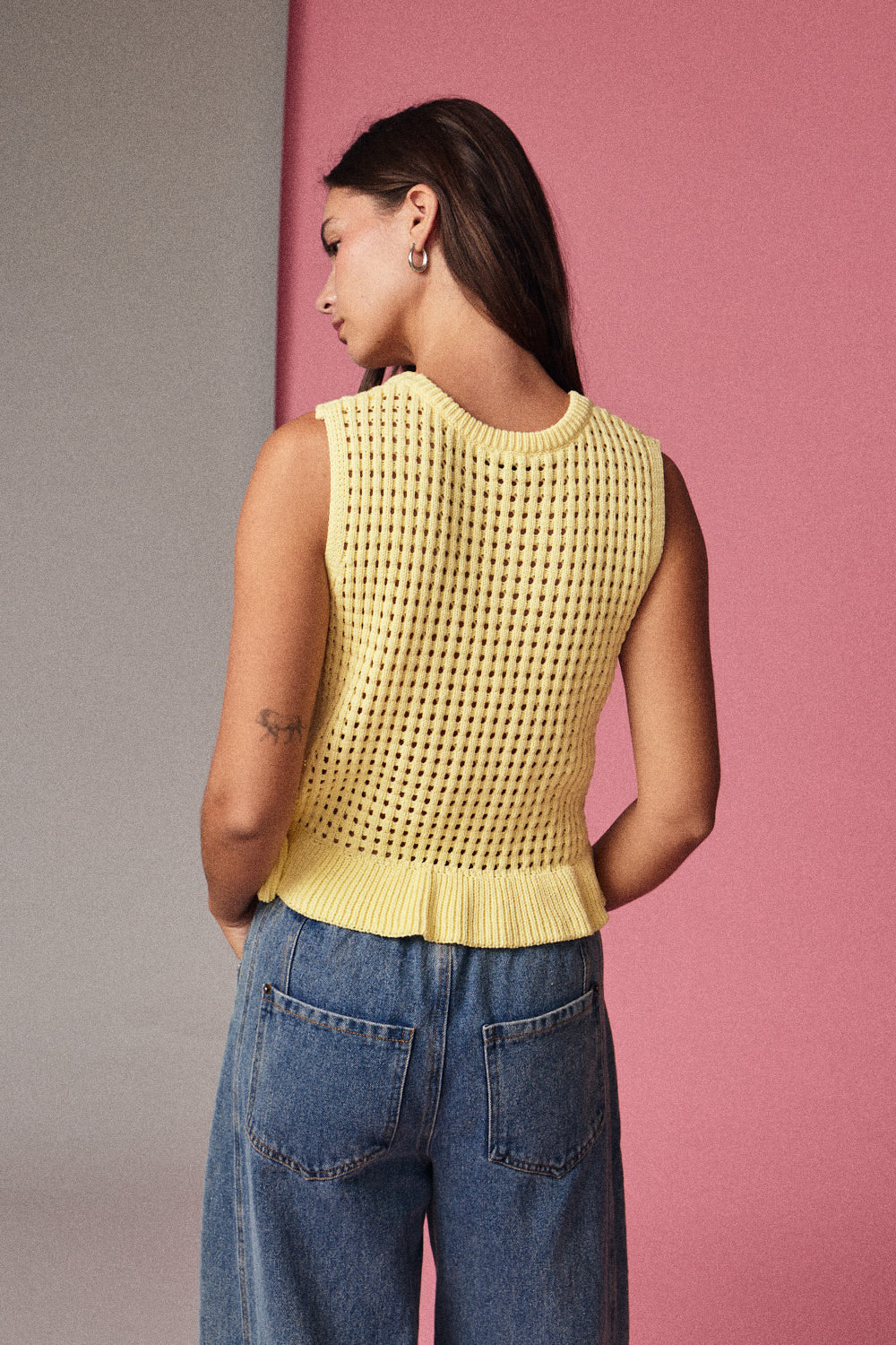 Sleeveless Open Knit Peplum Top