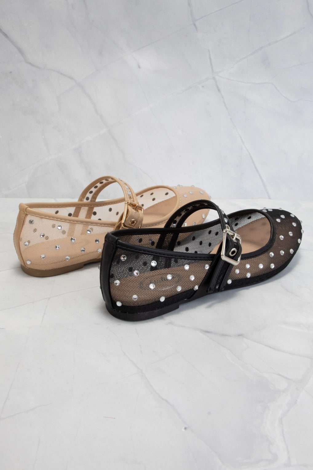 Nude Rhinestone Embellished Mesh Mary Jane Flats
