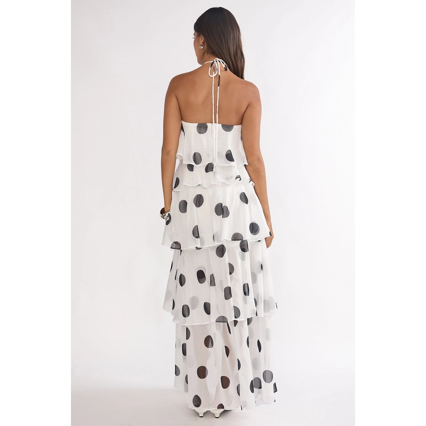 Halter Polka Dot Tiered Maxi Dress
