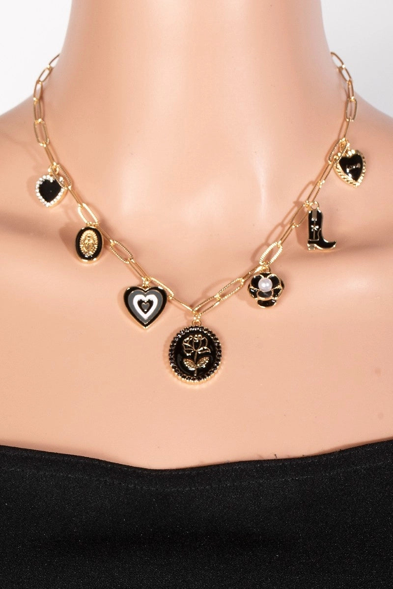 Enamel Western Heart Flower Charm Necklace