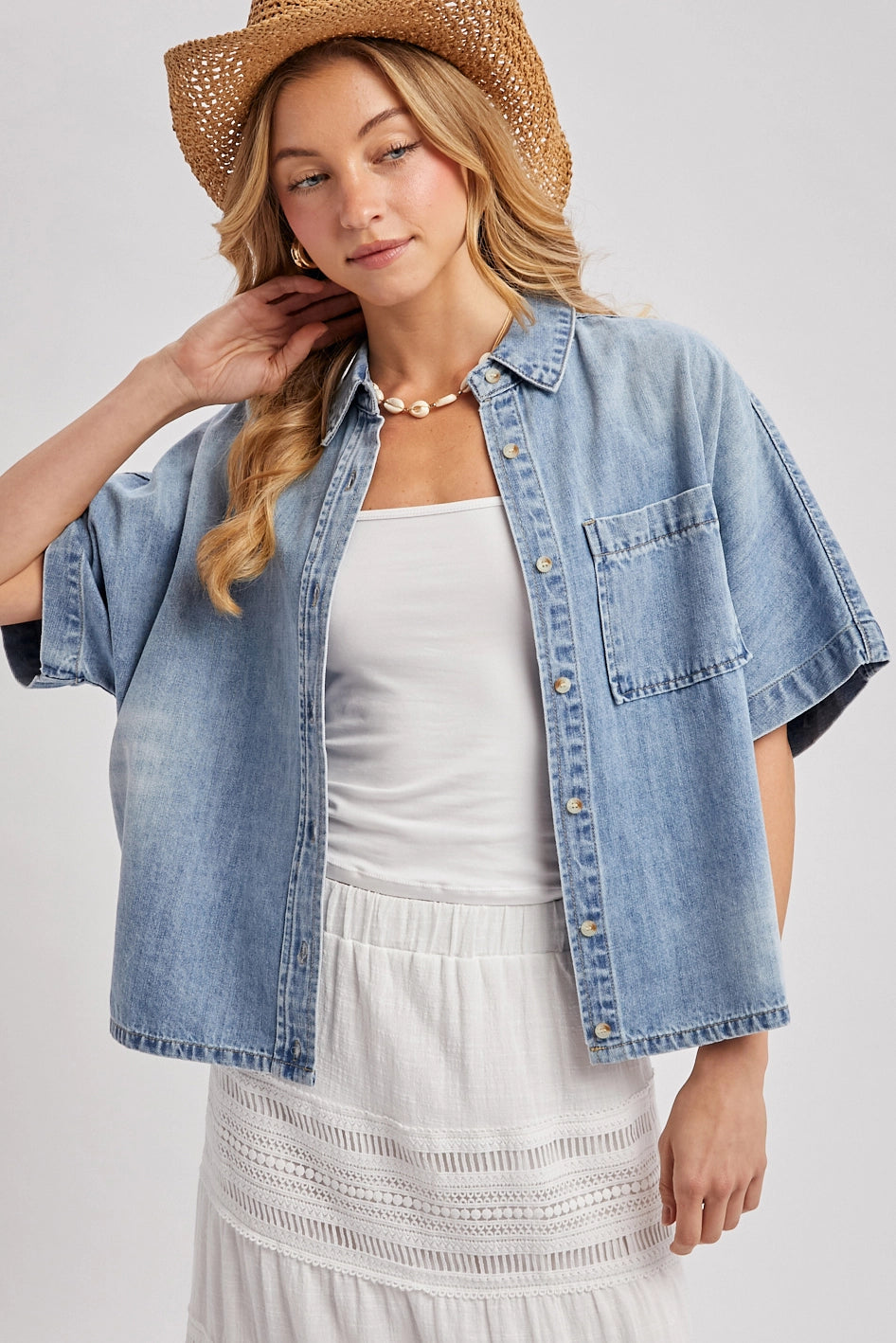 Denim Button Down Short Sleeve Boxy Shirt