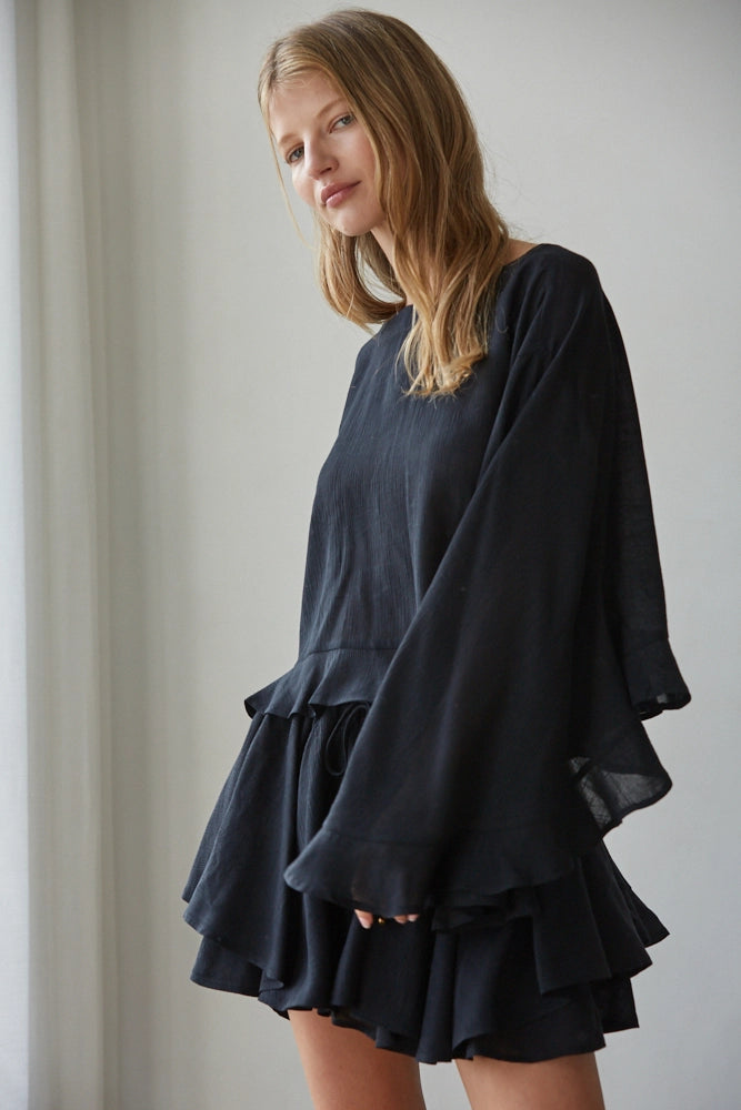 Woven Rayon Nylon Round Neck Long Sleeve Top