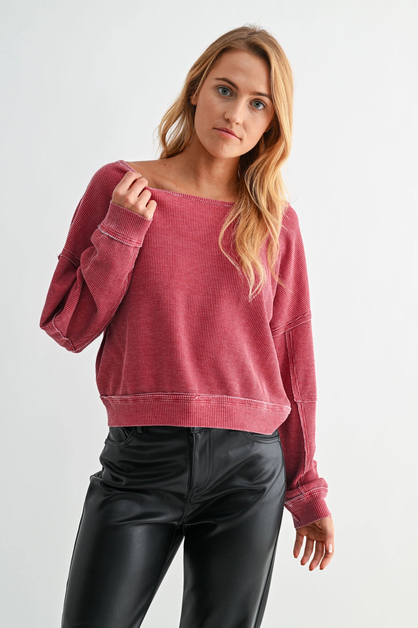 Raw Edge Waffle Knit Boatneck Pullover
