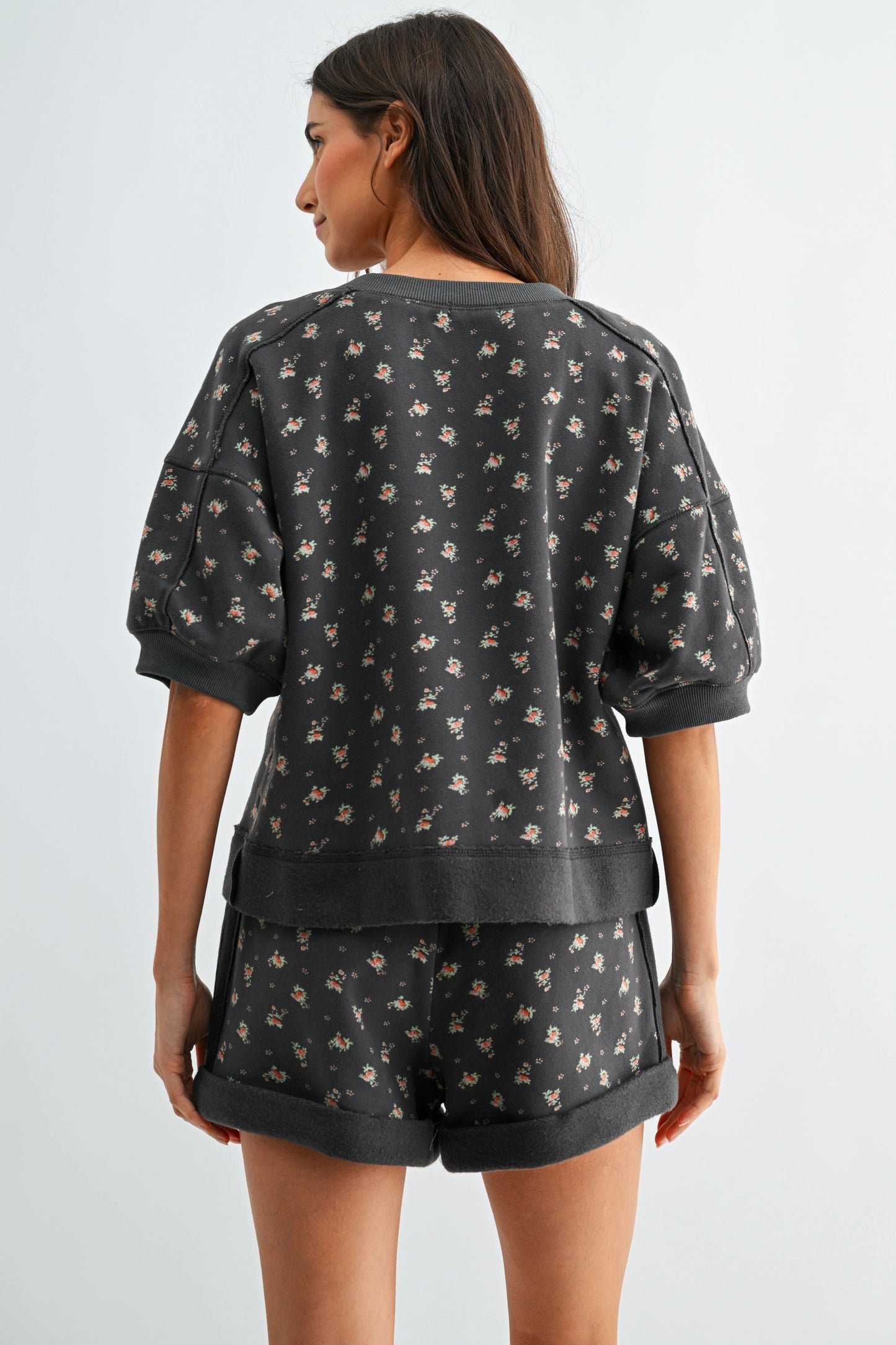 Floral Print Short Sleeve Top Set Pocket Shorts