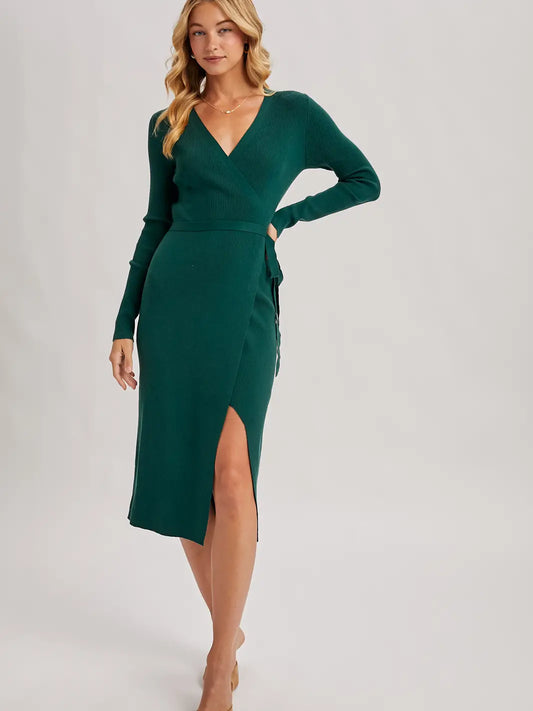 Ribbed Knit V-Neck Wrap Midi Dress