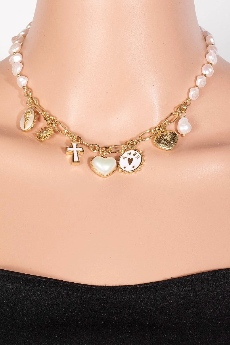 Heart Cross and Coins Pearl Beaded Necklace