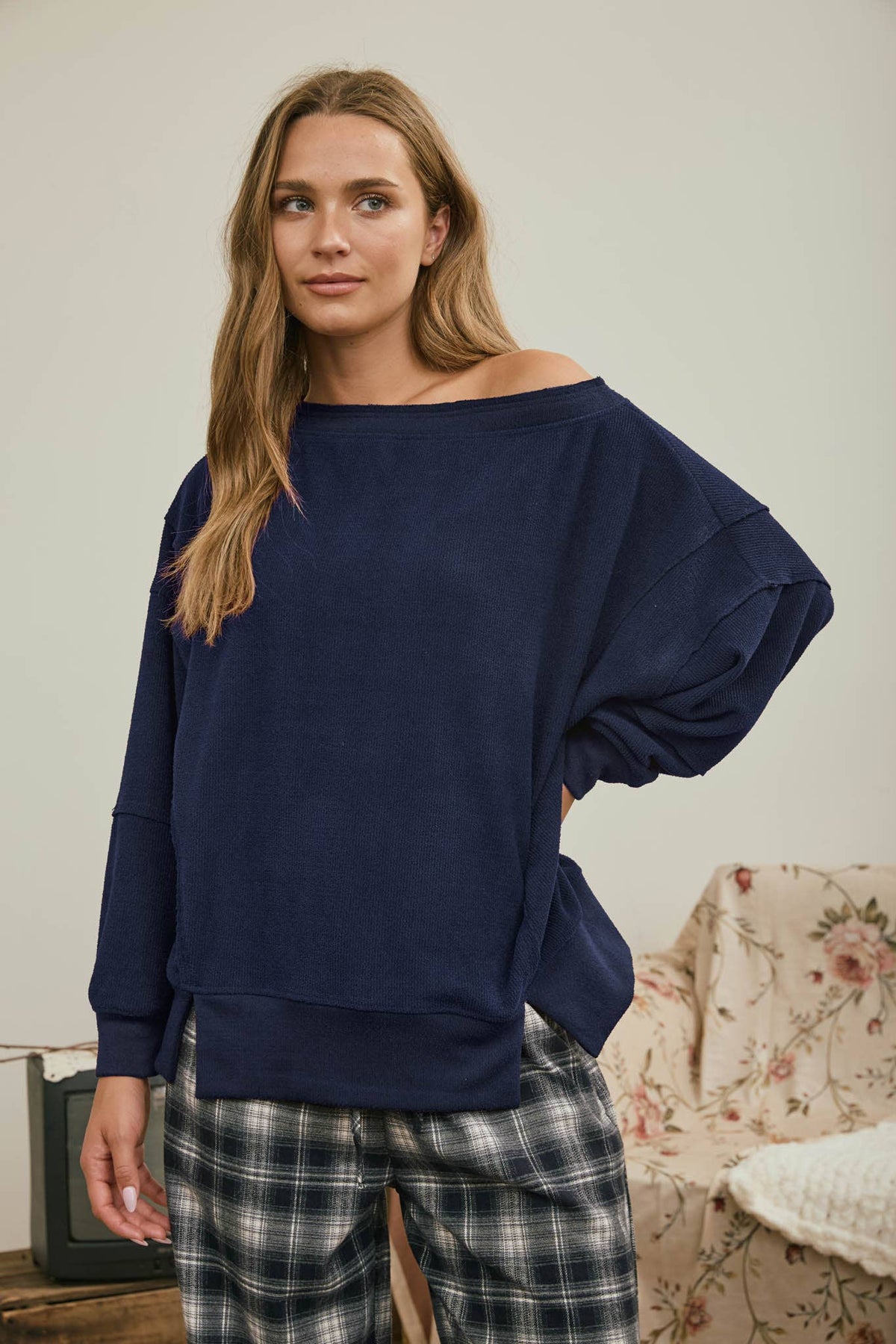 Tiered Sleeve Boat Neck Exposed Seam Knit Top