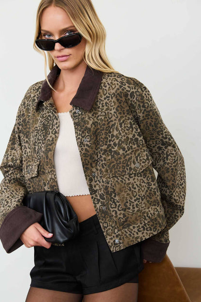 Washed Leopard Jacket with Corduroy Collar