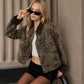Washed Leopard Jacket with Corduroy Collar