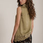Cowl Neck Sleeveless Satin Top with Asymmetrical Lace Hem