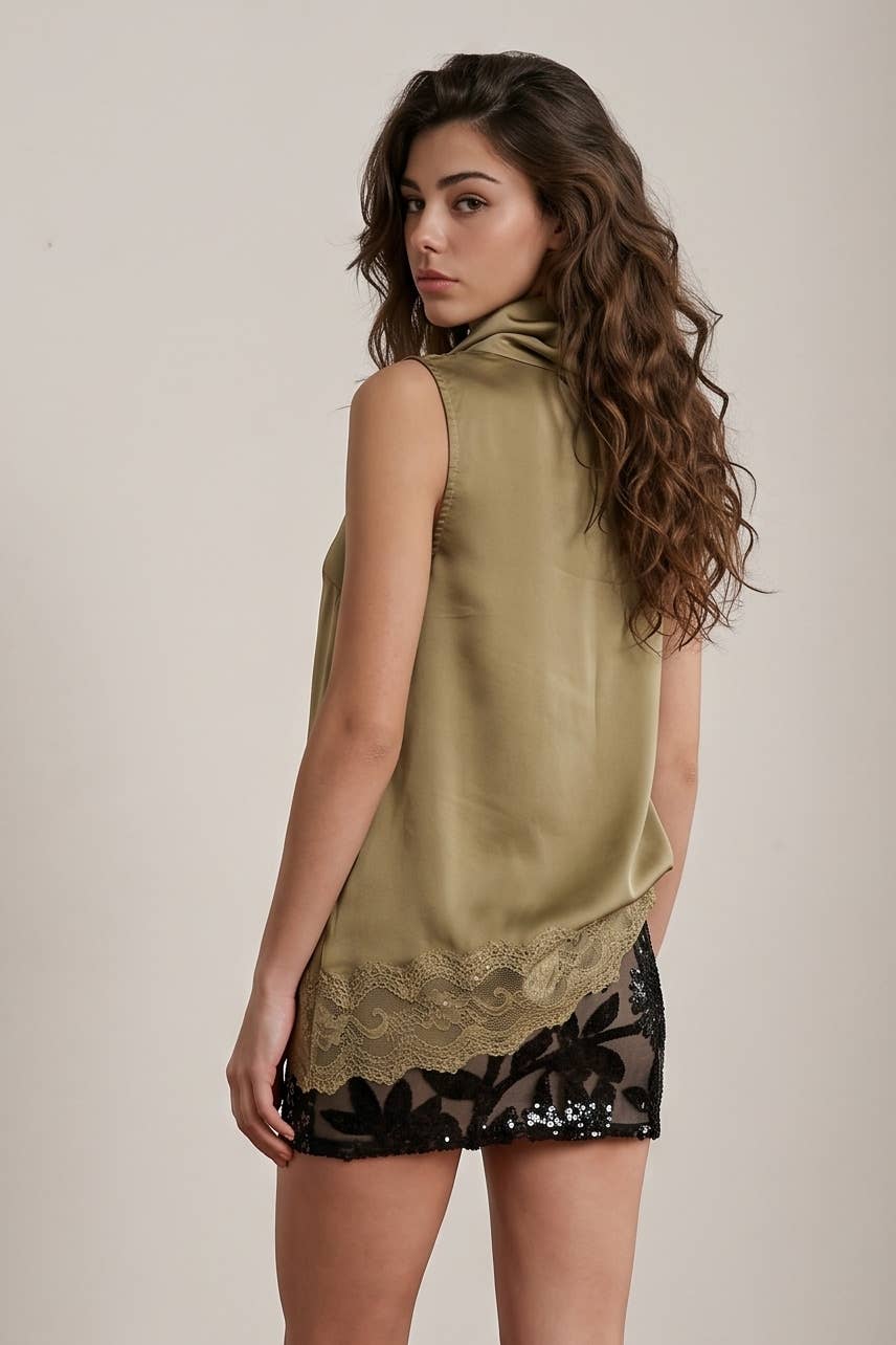 Cowl Neck Sleeveless Satin Top with Asymmetrical Lace Hem